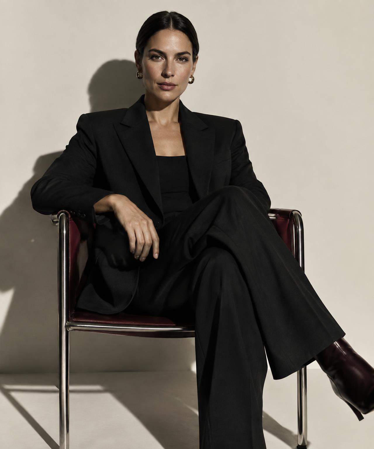 Confident executive seated in a minimalist studio